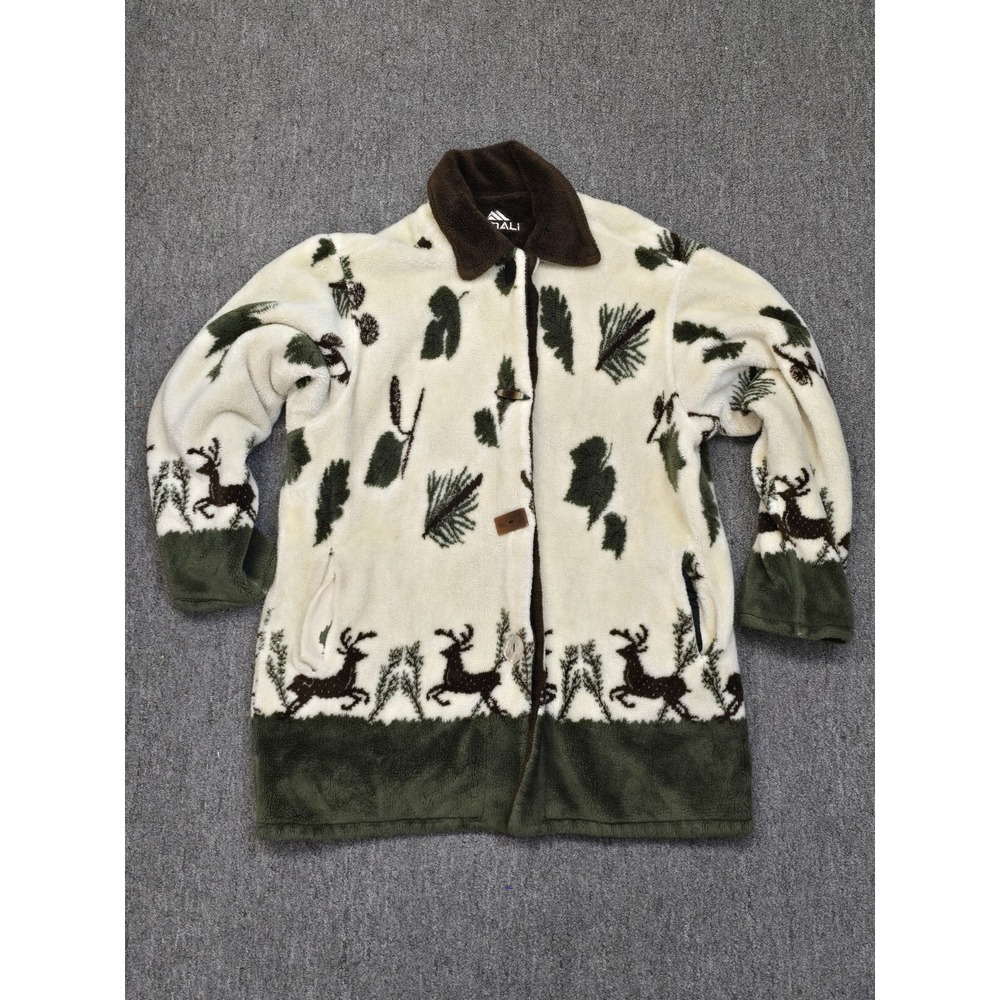 Denali Reversible Hooded Heavy Fleece Coat Deer & Pine Branch Print Gorpcore Ski